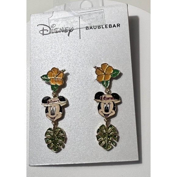 Disney‎ BaubleBar Minnie Mouse Tropical Hibiscus Monstera Leaf Drop Earrings NEW